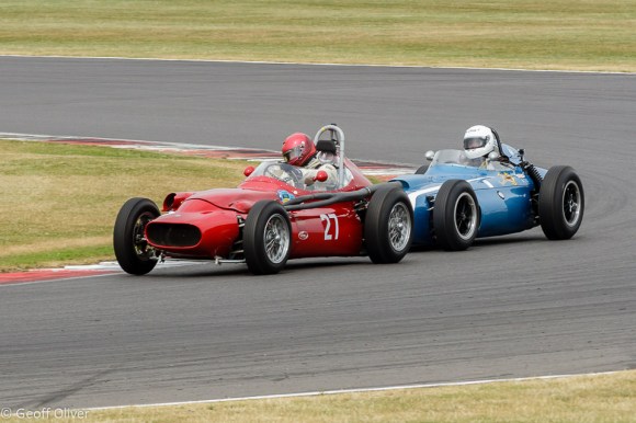 How close can you go? Eventual winner Julian Bronson puts the heat on Tony Wood in the Froilan Gonzalez Trophy for HGPCA Pre'61 Grand Prix Cars